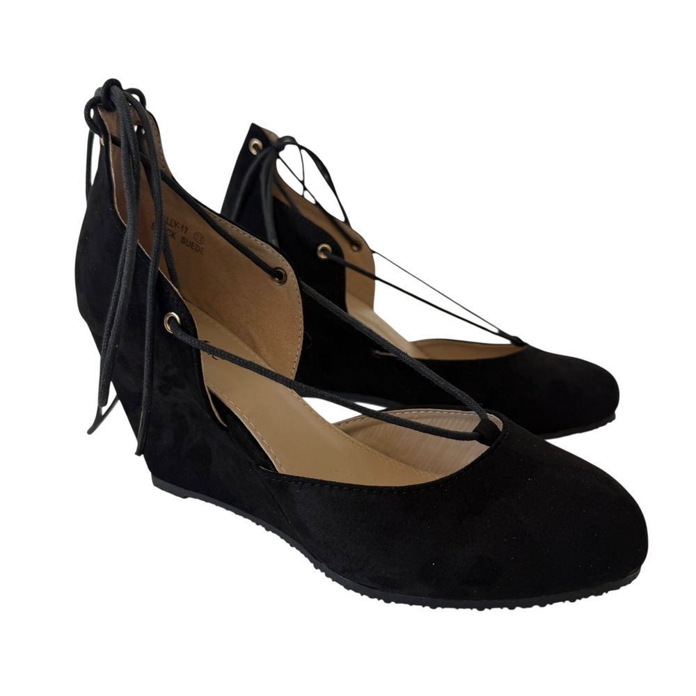Bella Marie Black Suede Lace Up Wedge Heels Women's Dress‎ Shoes 7.5 #S-2